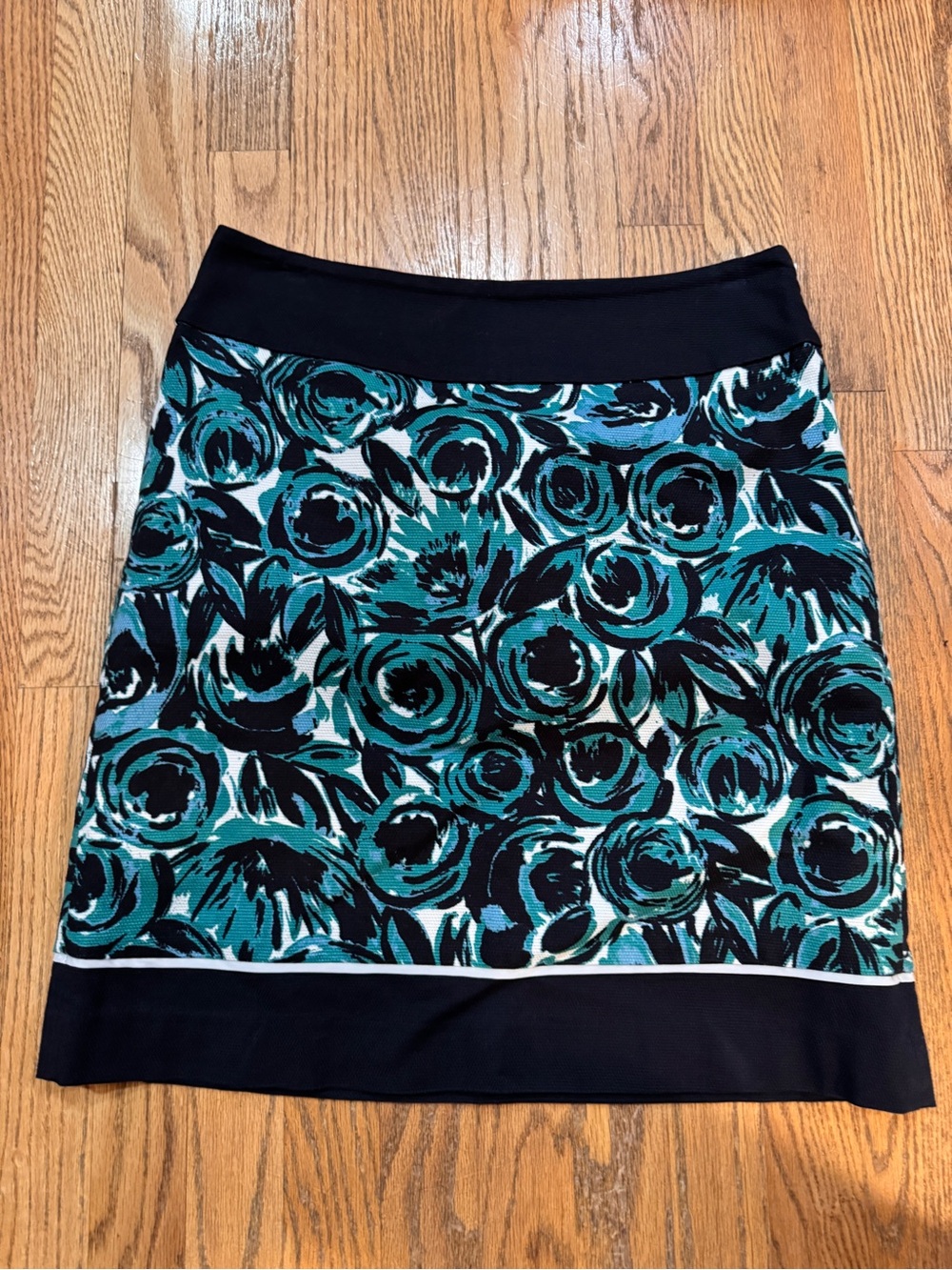 Ann Taylor Teal and Black Floral Pencil Skirt
